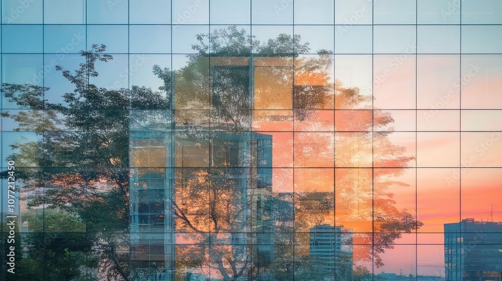 Poster a tree reflected in a glass building at sunset. the reflection creates an abstract pattern of square