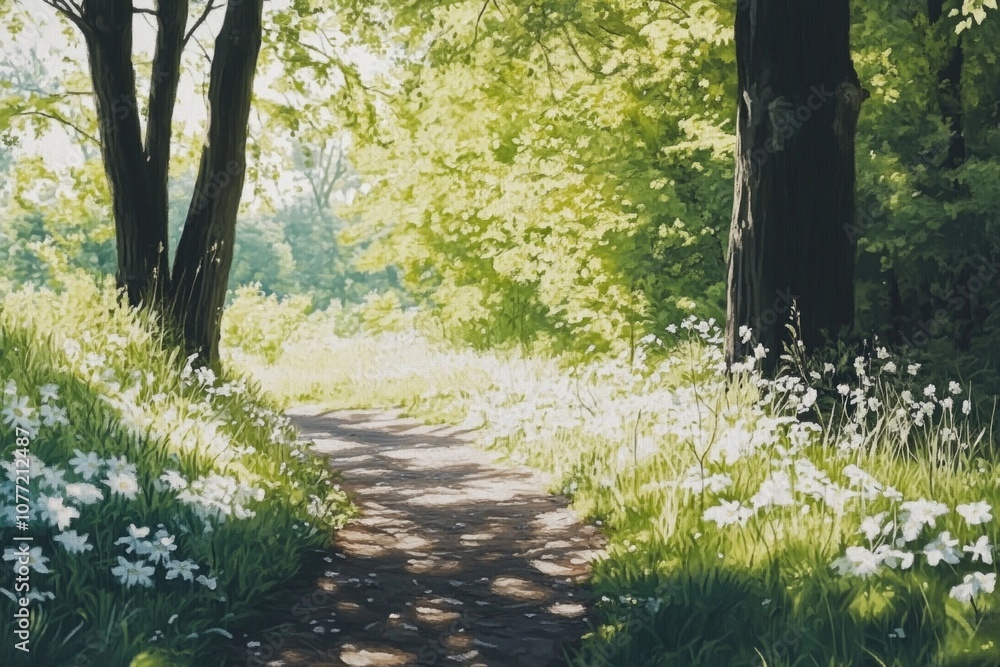 Poster A winding path through a dense forest with greenery and trees on both sides