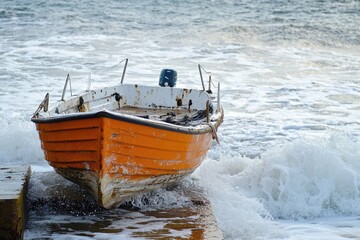 Obraz premium A small orange boat sits peacefully on the surface of calm water