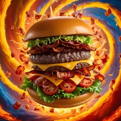 Levitation of a juicy tasty burger.