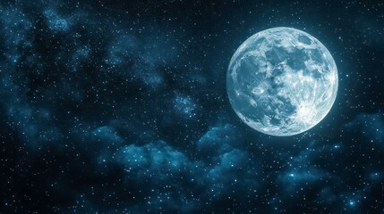 Obraz premium Dramatic Full Moon With Illuminated Craters in Dark Starry Night Sky Creating a Mysterious Space Atmosphere