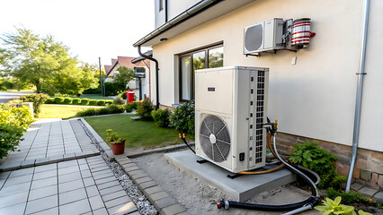 Air source heat pump installed at residential building outdoors