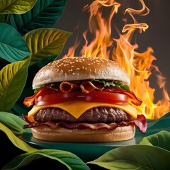 Levitation of a juicy tasty burger.