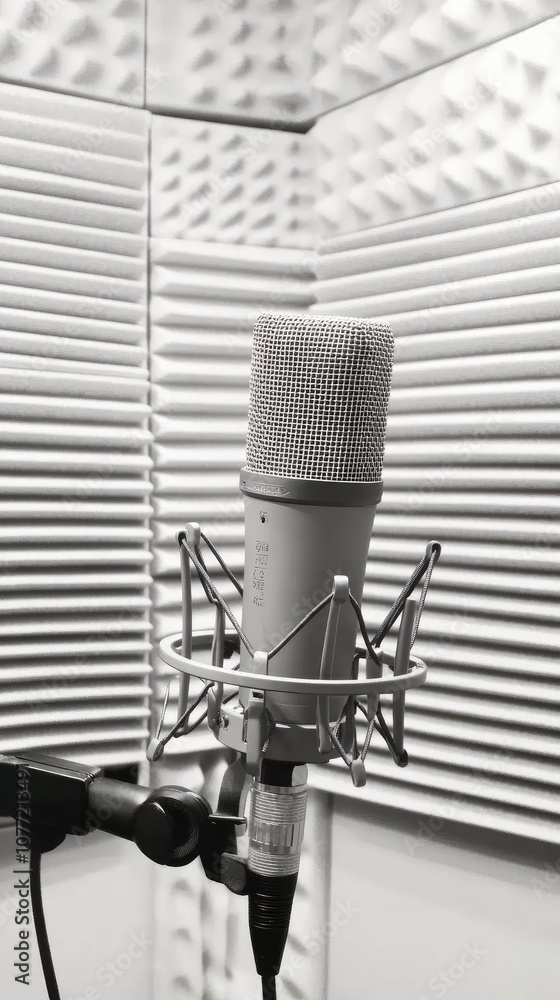 Poster a sepia-toned audio recording studio featuring a microphone and pop filter, capturing the essence of
