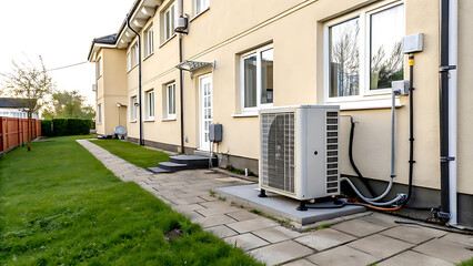 Air source heat pump installed at residential building outdoors