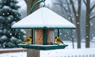 Naklejka premium Two vibrant goldfinches perched on a bird feeder filled with seeds, surrounded by a snowy winter landscape in the backyard