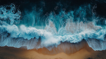 Aerial view of beautiful sandy beach with soft blue ocean waves crashing onto shore, creating serene and tranquil atmosphere