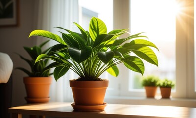 Fototapeta premium Sunlight filtering through a window illuminates a lush green potted plant on a wooden table in a cozy indoor setting