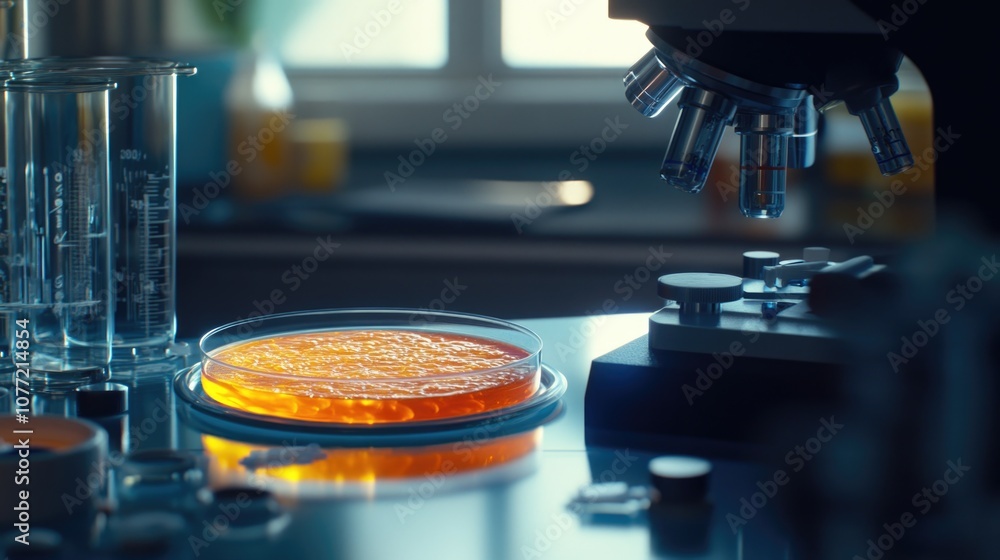 Poster a laboratory setting with a microscope and a bowl of liquid for scientific experimentation
