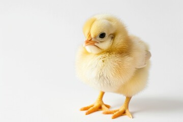 Fototapeta premium A small yellow chicken standing on a white surface