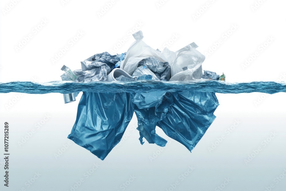 Poster A picture of trash and garbage floating on the surface of the water, with potential uses for environmental or pollution-related themes