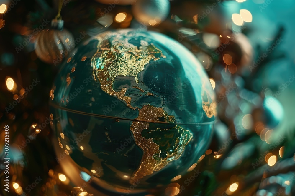 Aufkleber a close-up of a globe placed on a christmas tree, with ornaments and lights surrounding it