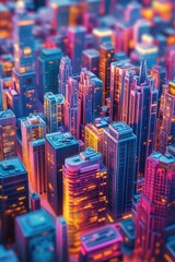 Obraz premium Aerial view of a city's skyline at night, with buildings and streets lit up