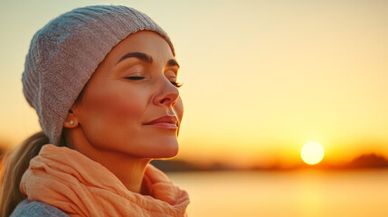 Woman in grey beanie and peach scarf enjoys the golden hour.