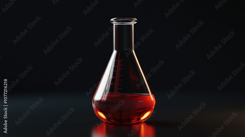 Poster a red liquid fills a glass flask on a table, suitable for science or laboratory-themed imagery