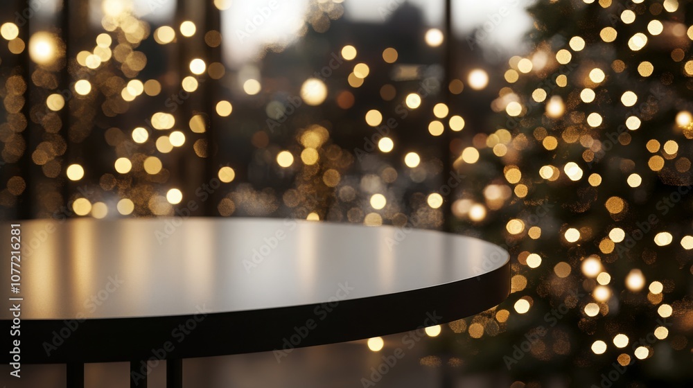 Poster a round, dark table sits in the foreground, with glowing holiday lights creating a warm atmosphere i