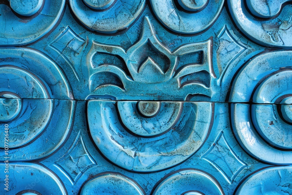 Poster close-up shot of a blue wall with intricate designs and patterns