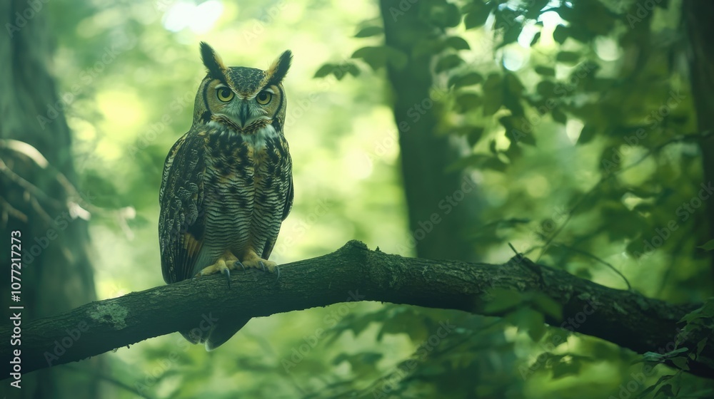 Poster a wise owl resting on a tree limb amidst forest foliage, suitable for use as a symbol of wisdom or n