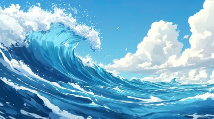 Dynamic Anime Style Blue Water Wave Illustration, Energetic Ocean Wave Art, Captivating Aquatic Scene, Vivid Summer Seascape, Inspiring Marine Artwork for Animation, Creative Water Texture