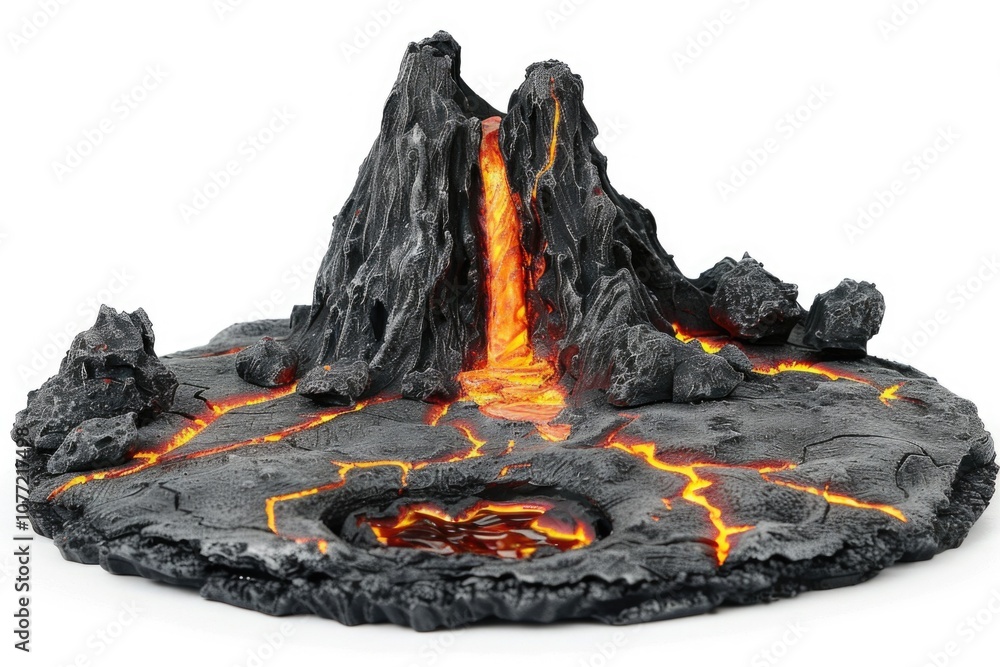 Poster a close-up view of a volcano erupting with molten lava flowing down its sides against a white backgr