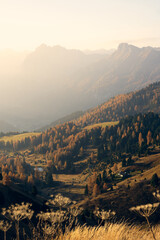 Serene autumn landscape with rolling hills and distant mountains during golden hour light
