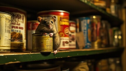 Obraz premium A mouse perched on a can in a pantry filled with food.