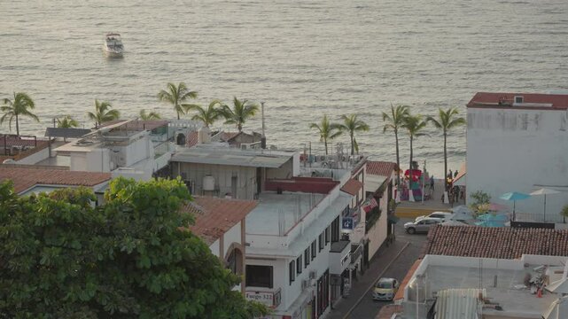 View from Faro de Matamoros Lighthouse in Colonia Centro, beach and sunset in the background Puerto Vallarta, Jalisco, Mexico
