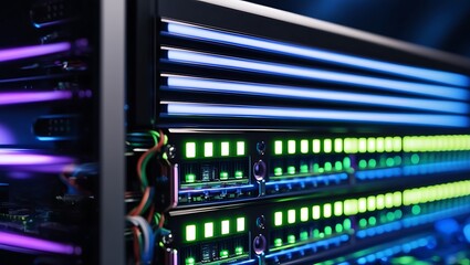 Close Up, Hardware, Servers, Networking.  modern technology infrastructure, high-performance computing