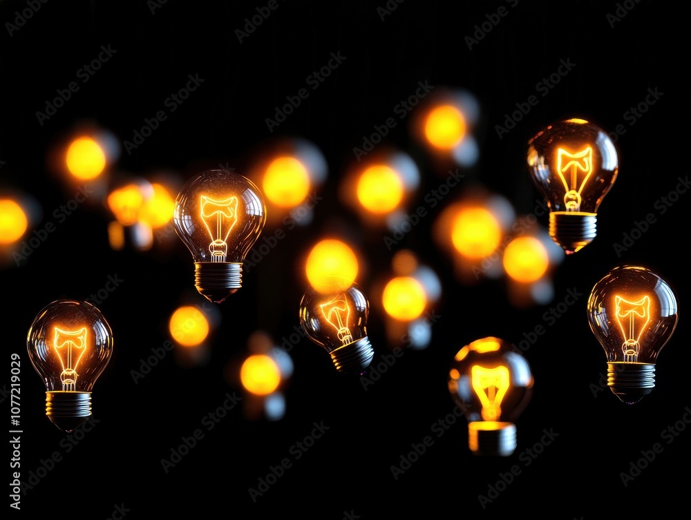 Poster a collection of glowing light bulbs against a dark background, creating a warm and inviting atmosphe