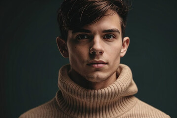 Fototapeta premium A front-facing portrait of a young man in a beige turtleneck, illuminated by soft lighting that highlights his calm and confident expression, set against a dark background