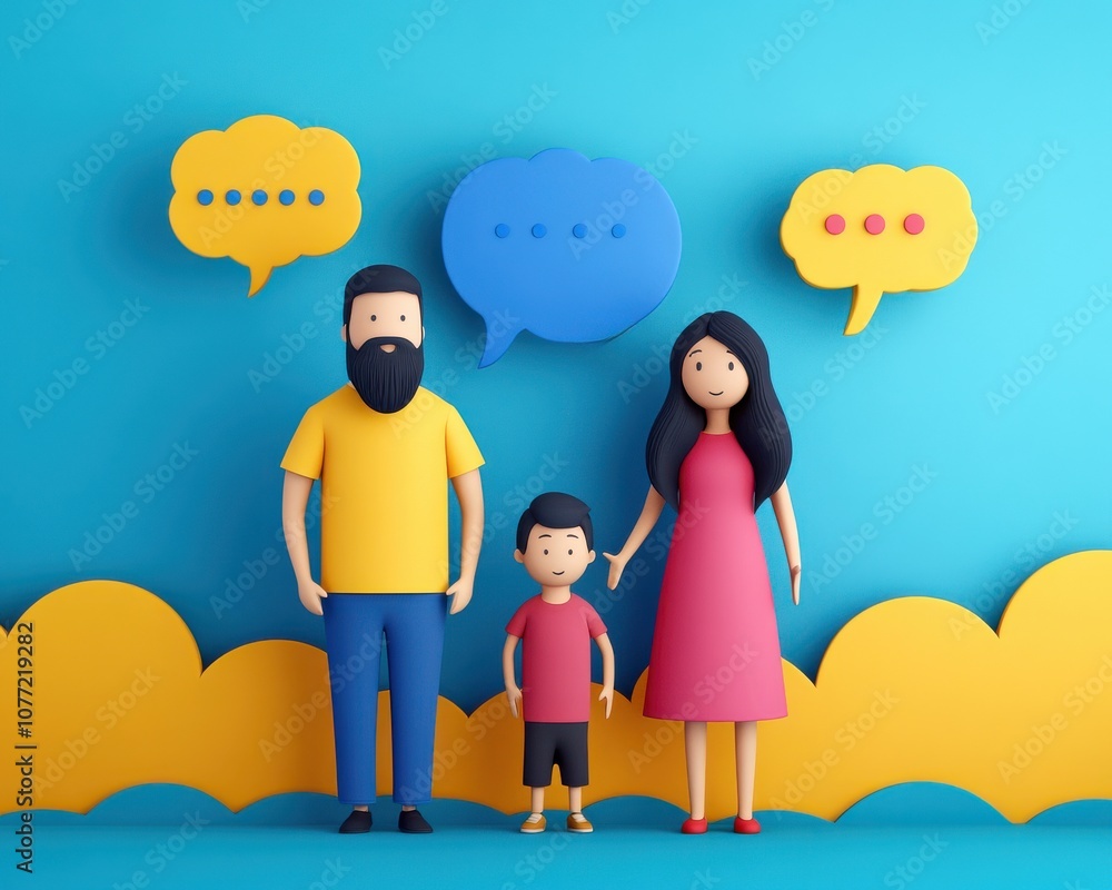 Poster a colorful, playful illustration of a family of three standing together, with speech bubbles in the 