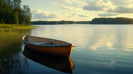 Obraz premium Boat resting on calm lake with beautiful sunset sky above.