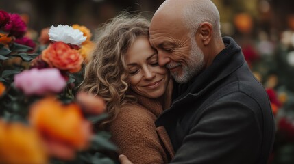 Obraz premium Bald couple hugs in blooming flowers