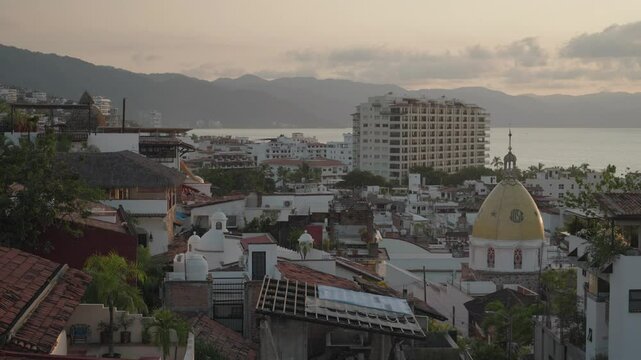 View from Faro de Matamoros Lighthouse in Colonia Centro, beach and sunset in the background Puerto Vallarta, Jalisco, Mexico
