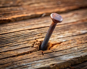 A single rusty nail sticks out of a rough wooden plank, creating a sense of rugged texture and aged wood with a focus on the rustic feel.
