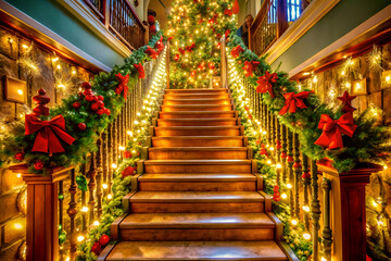 Fototapeta premium A beautifully decorated staircase adorned with festive lights, garlands, and bows, leading to a vibrant Christmas tree, evoking a warm holiday spirit.