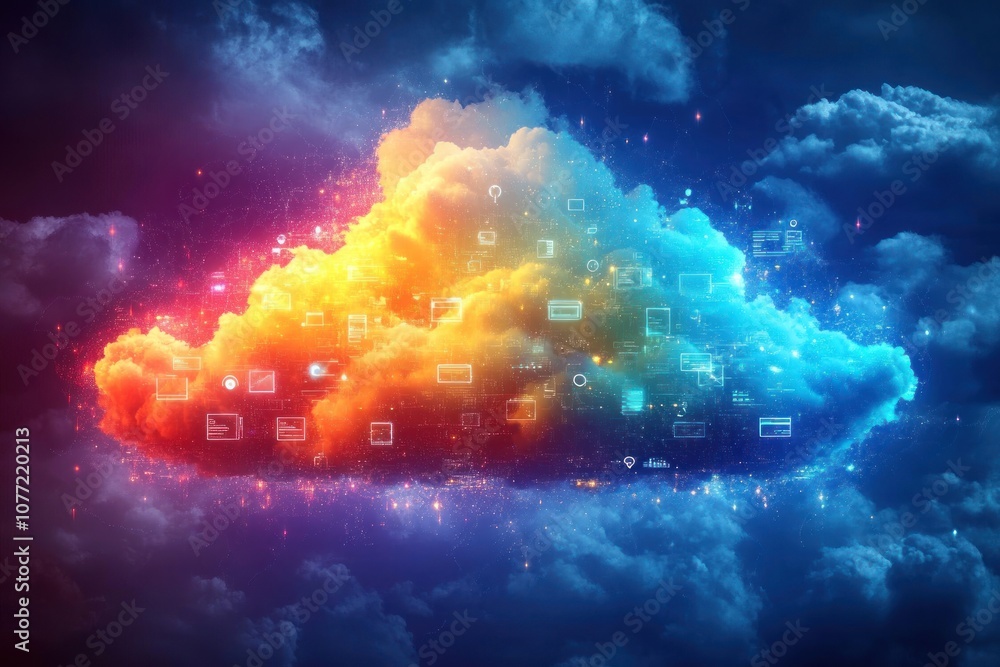 Poster an abstract cloud with colorful glowing lights and various digital icons around it.