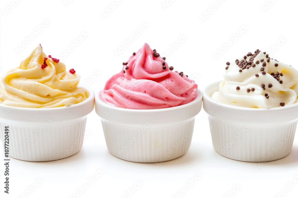 Aufkleber three white bowls with colorful cupcakes and various toppings