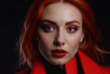 Fototapeta premium A young woman with striking red hair and bold red makeup gazes intently at the camera, wearing a red coat, creating a dramatic and powerful portrait against a dark background
