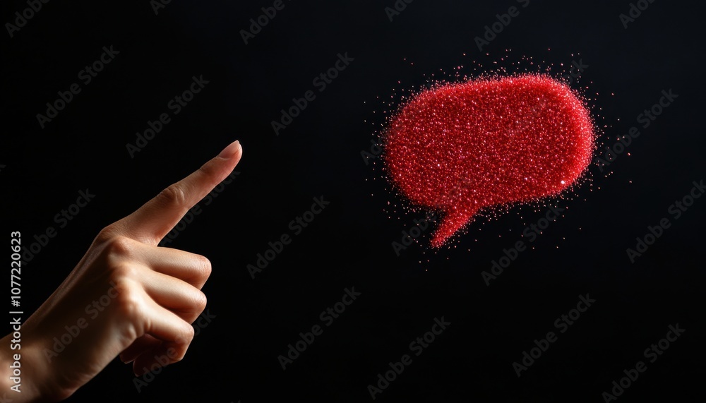 Poster A hand points toward a red speech bubble created from sparkling particles, symbolizing communication and conversation against a dark background.