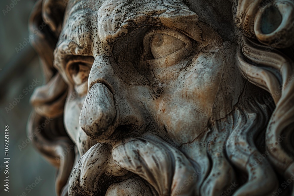 Poster close-up shot of a statue depicting a man's face, ideal for use in editorial or commercial contexts