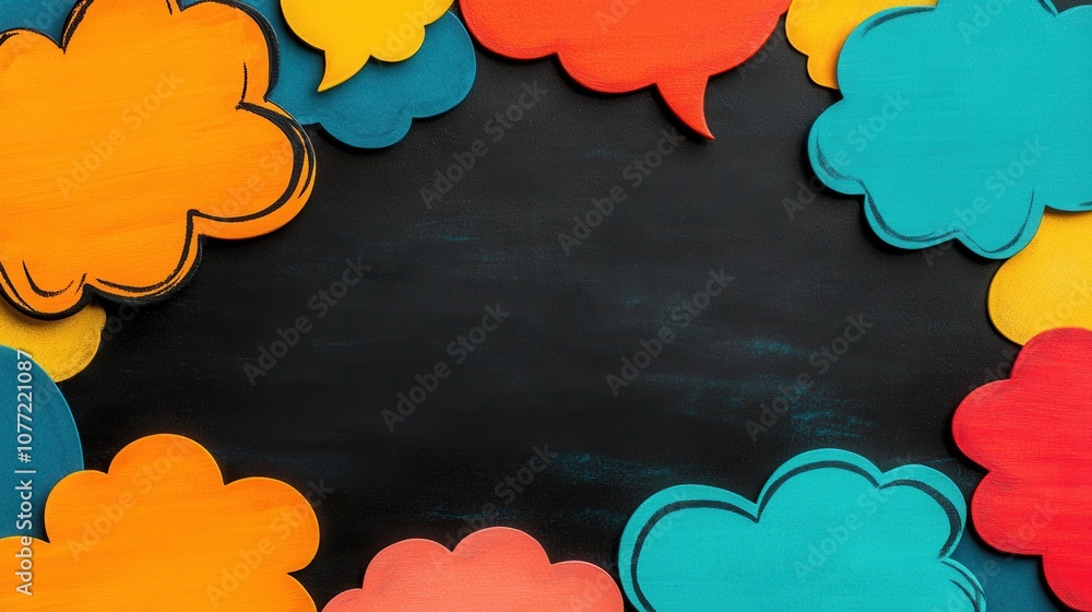 Poster A colorful assortment of speech bubbles surrounds a blank chalkboard, creating a vibrant space for dialogue or creativity.