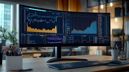 Fototapeta premium Modern Workstation with Curved Monitor Displaying Financial Data