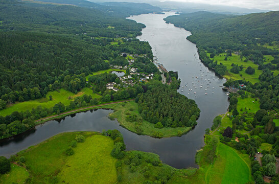 Aerial view of the River Leven and Lake Windermere in the Lake District in Cumbria