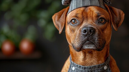 Obraz premium Adorable dog with stylish hat and apron showcases charm in a cozy setting, perfect for pet-themed photography, home decor, and digital art inspiration.