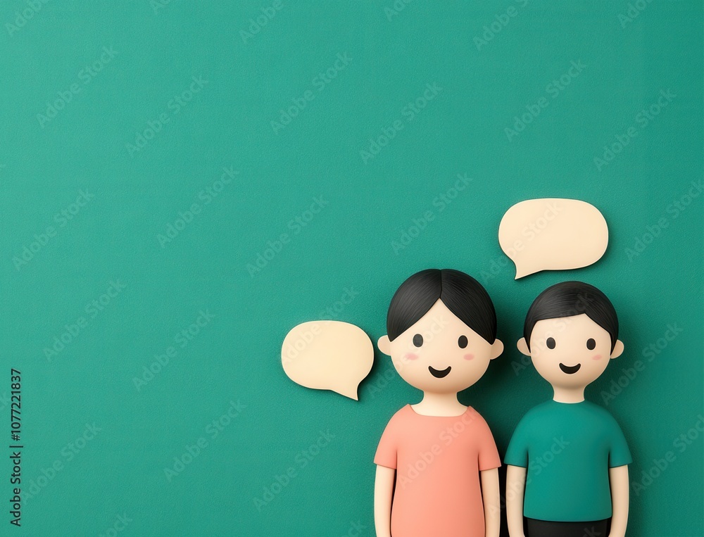 Poster Two cheerful characters stand against a green background, with speech bubbles above them, symbolizing conversation and connection.