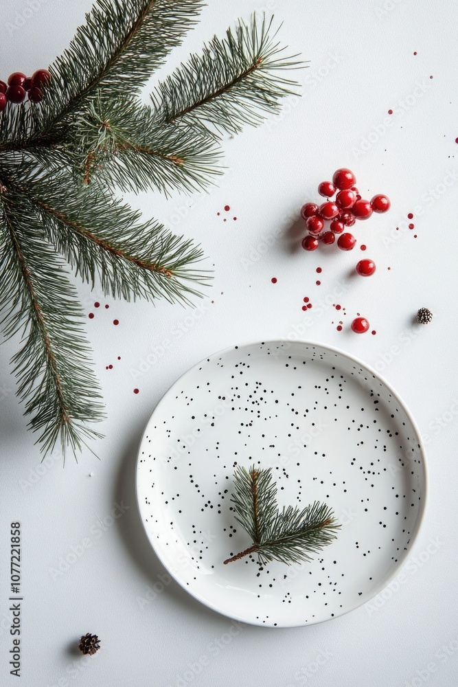 Poster a pine branch with colorful berries arranged on a white plate, perfect for rustic or nature-inspired