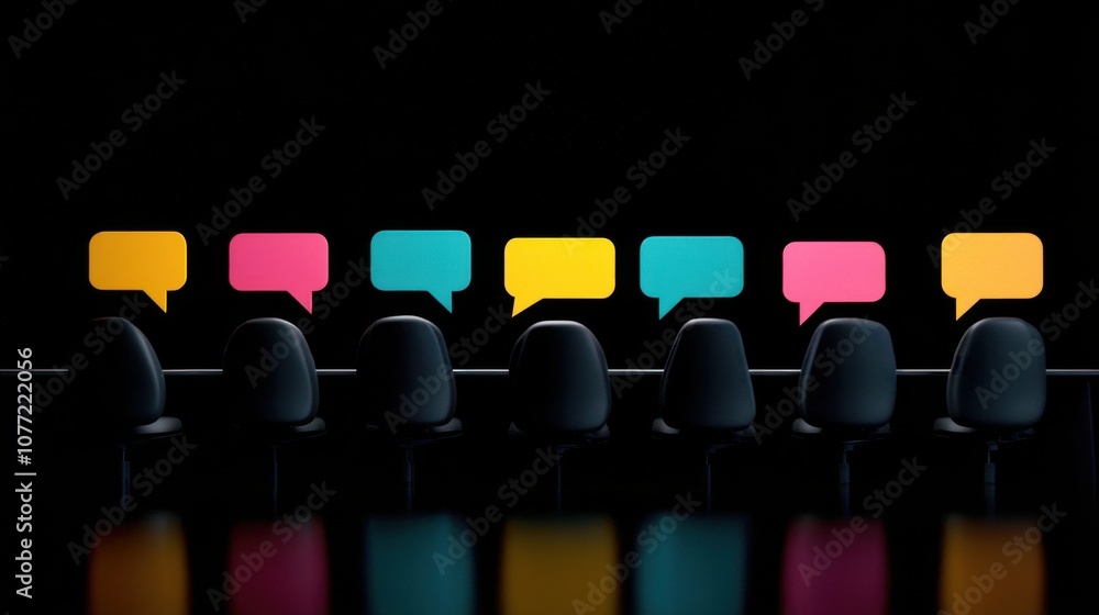 Aufkleber open communication leads to productive interactions, a row of chairs silhouettes in front of vibrant