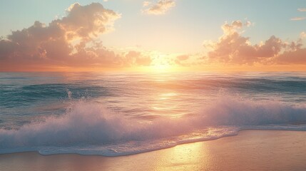 Fototapeta premium A vibrant sunset casts a golden glow over the ocean as waves crash gently on a sandy beach.