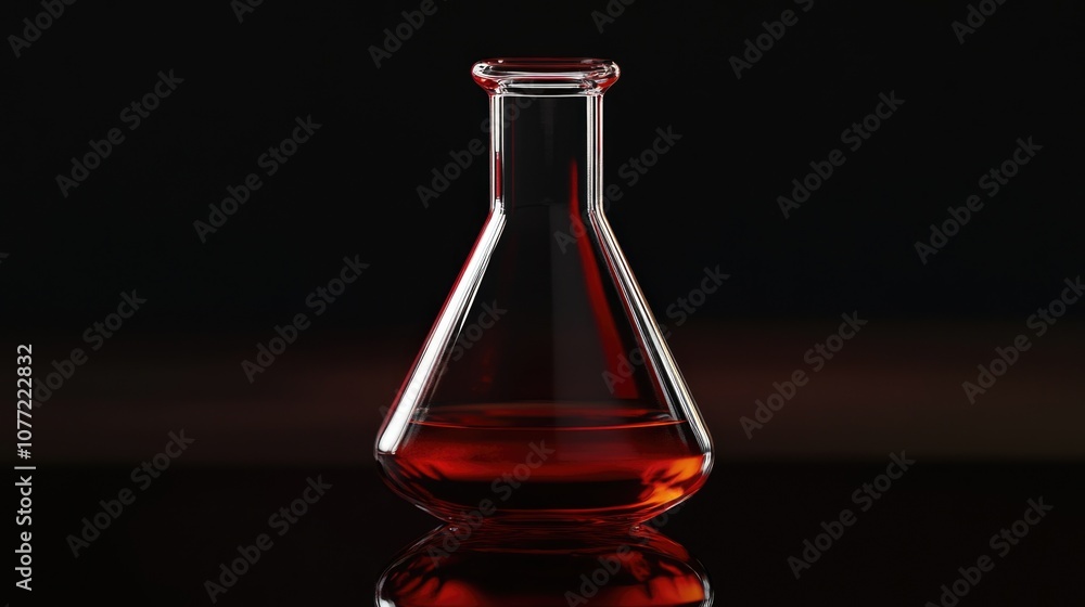 Poster a close-up shot of a red liquid in a glass flask sitting on a table